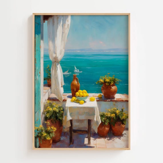 Mediterranean Terrace Wall Art Coastal Lemon Print Seaside Kitchen Dcor Ocean Balcony Painting Summer Artwork