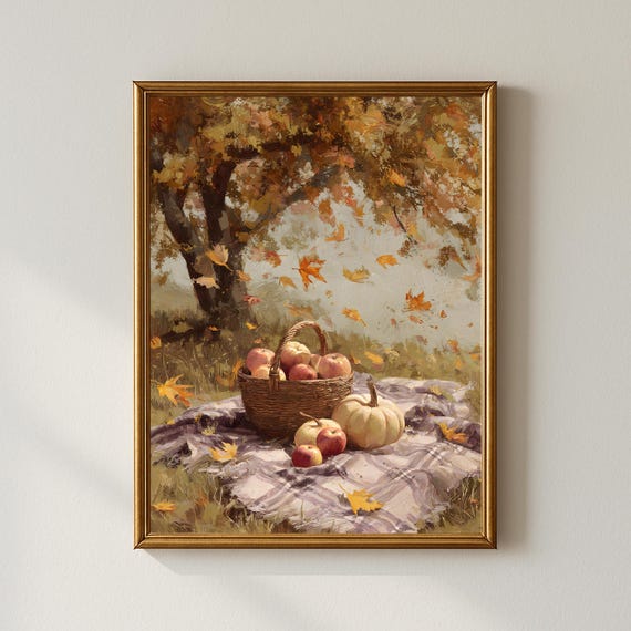 Autumn Harvest Picnic Wall Art Cozy Fall Basket With Apples And Pumpkin Under Maple Tree Rustic Seasonal Home Decor