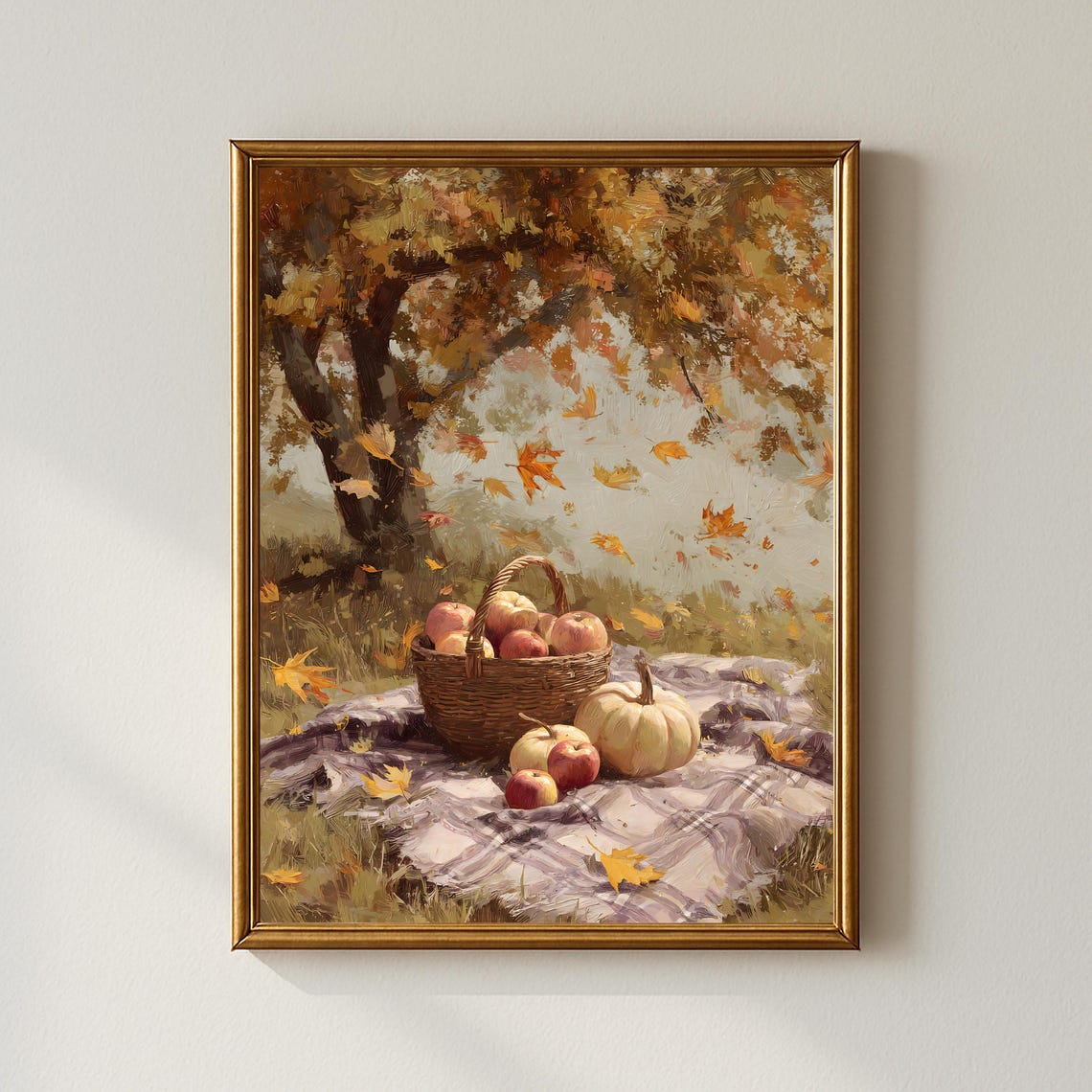 Autumn Harvest Picnic Wall Art Cozy Fall Basket With Apples And Pumpkin Under Maple Tree Rustic Seasonal Home Decor