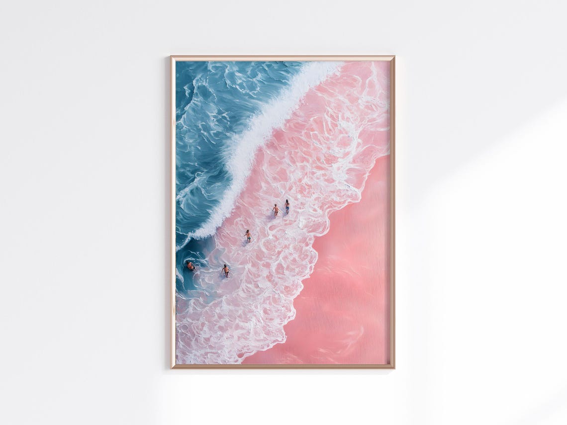 Pink Beach Aerial View With Turquoise Waves Coastal Art Poster