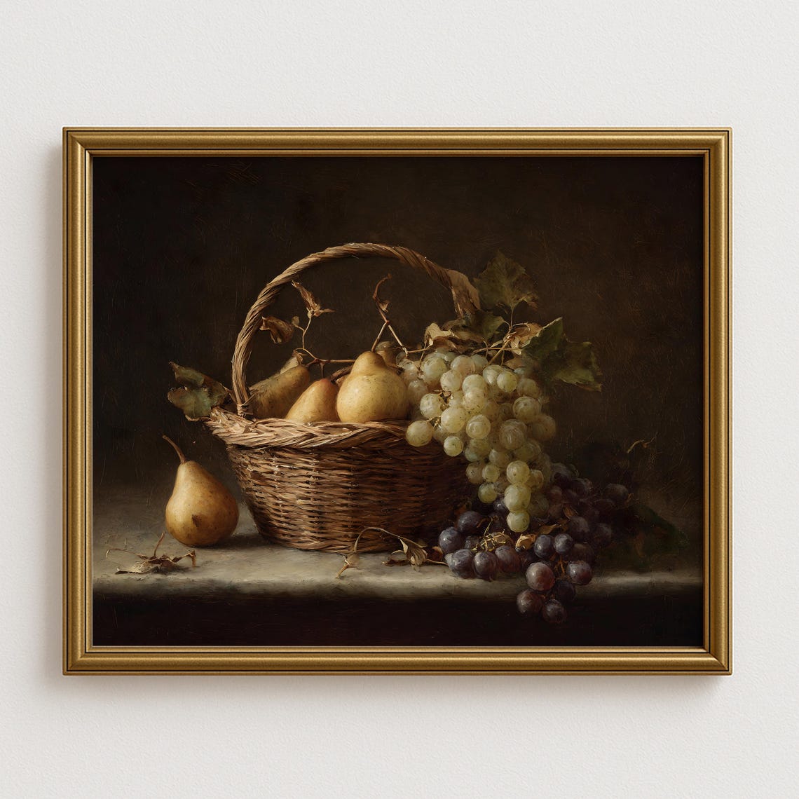 Wicker Basket Pears And Grapes Classic Still Life Painting Wall Art