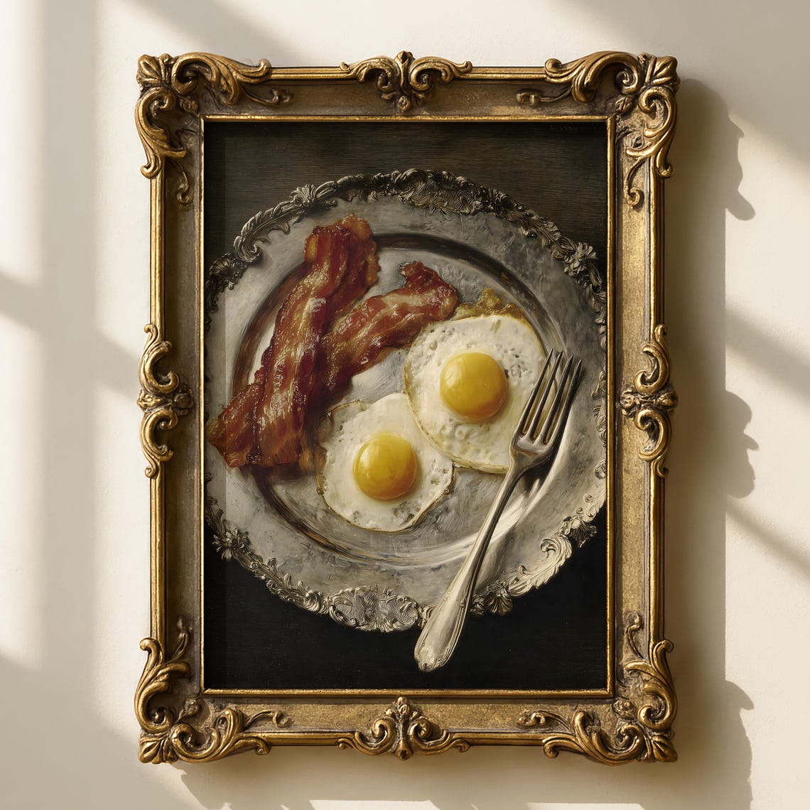 Crispy Bacon Fried Eggs On Silver Vintage Still Life Kitchen Poster