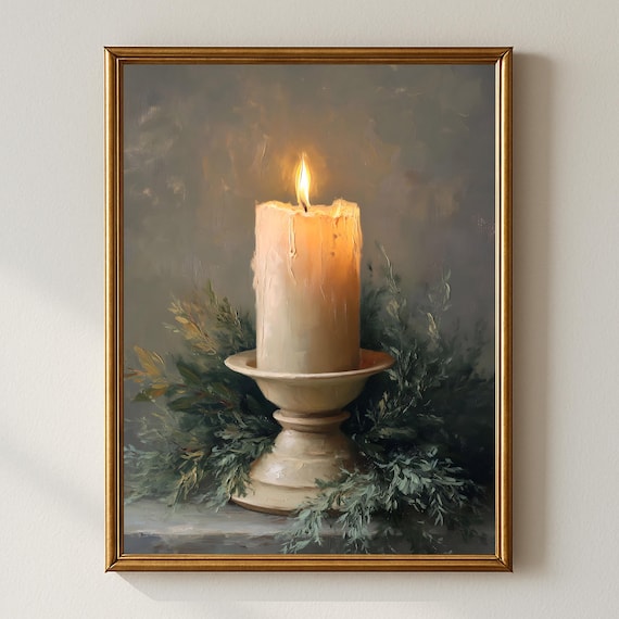 Rustic Candle Wall Art Christmas Winter Candlelight Cozy Holiday Farmhouse Decor Minimalist Festive Artwork