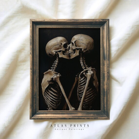 Vintage Skeletons Kissing Dark Romantic Halloween Art Poster
