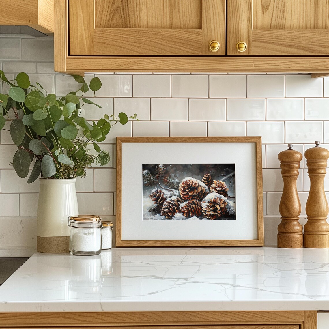 Vintage Snowy Pinecones Winter Still Life Oil Painting Poster - Image 2