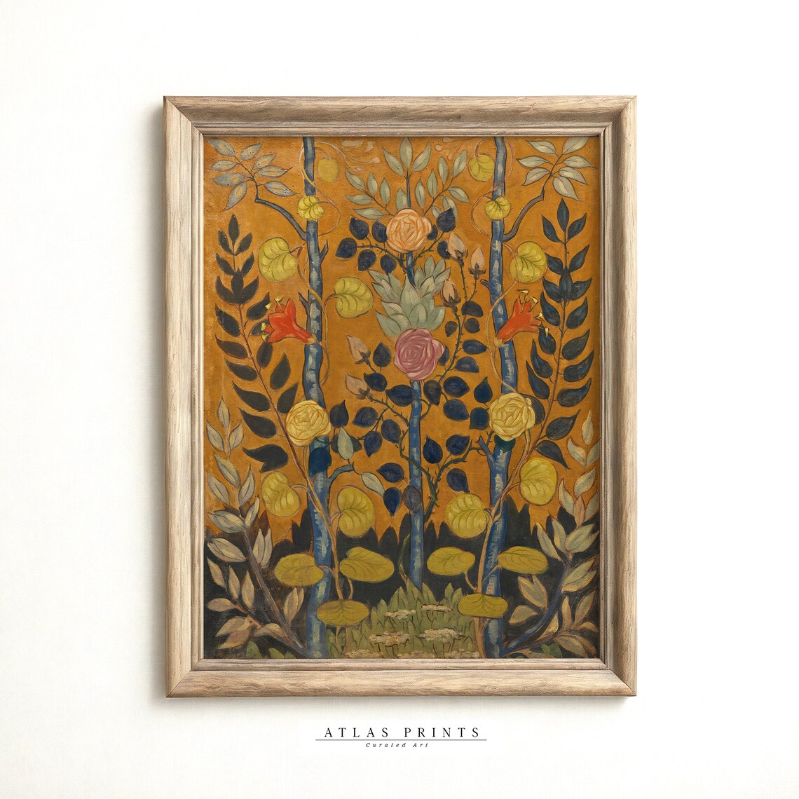 Vintage Folk Art Botanical Gold Ground Stylized Floral Forest Poster