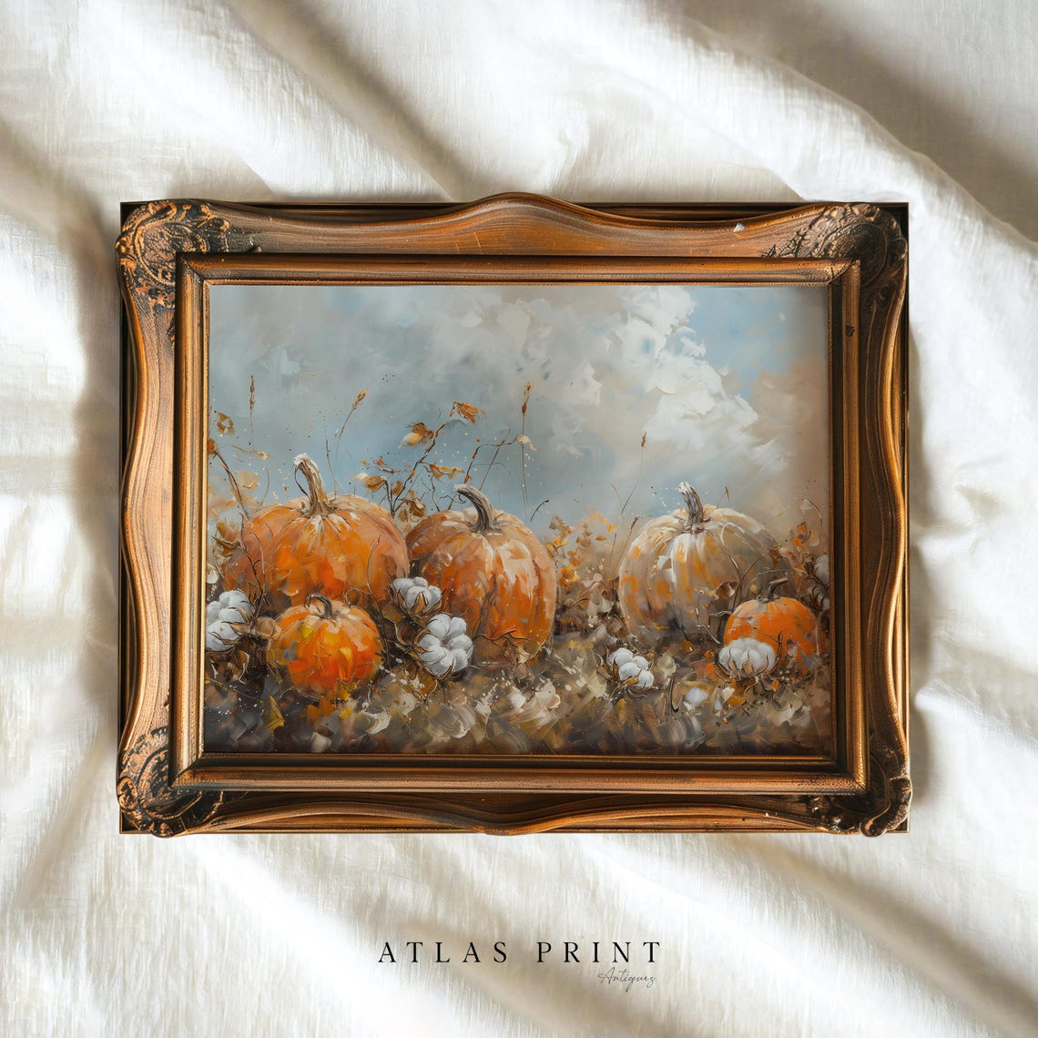 Pumpkins In Wildflower Field Vintage Fall Harvest Painting Wall Art - Image 4