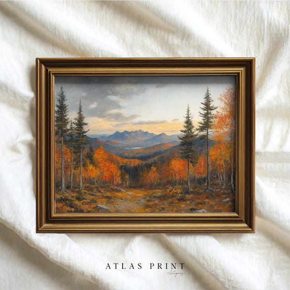 Autumn Forest Landscape Wall Art Moody Fall Mountain Prints Vintage Halloween Wall Decor Farmhouse Thanksgiving Print