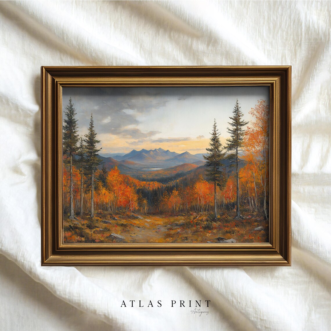 Autumn Forest Landscape Sunset Mountains Orange Pines Painting Poster