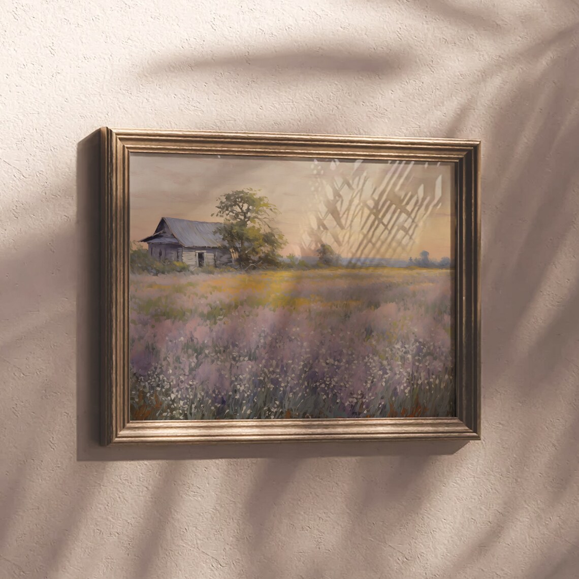 Rustic Wooden Barn In Purple Wildflower Field At Golden Sunset Painting Poster - Image 3