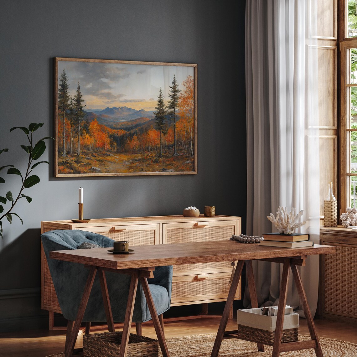 Autumn Forest Landscape Sunset Mountains Orange Pines Painting Poster - Image 5