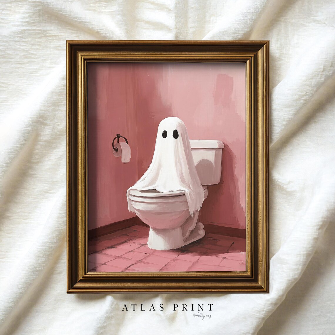 Funny Ghost Sitting On Toilet Pink Bathroom Halloween Painting Poster - Image 4
