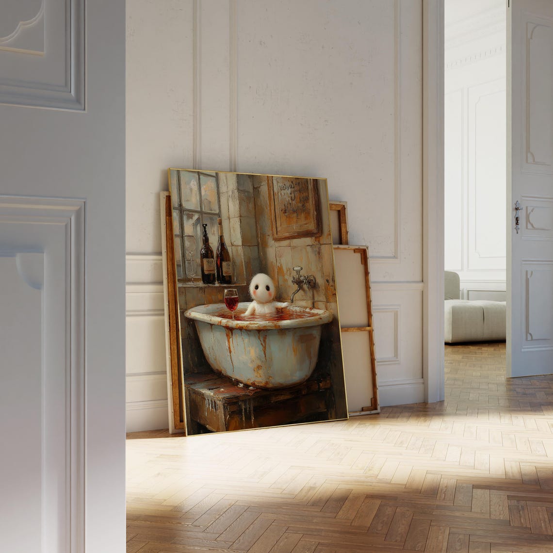 Whimsical White Creature Red Wine Bath Rustic Bathroom Oil Poster - Image 3