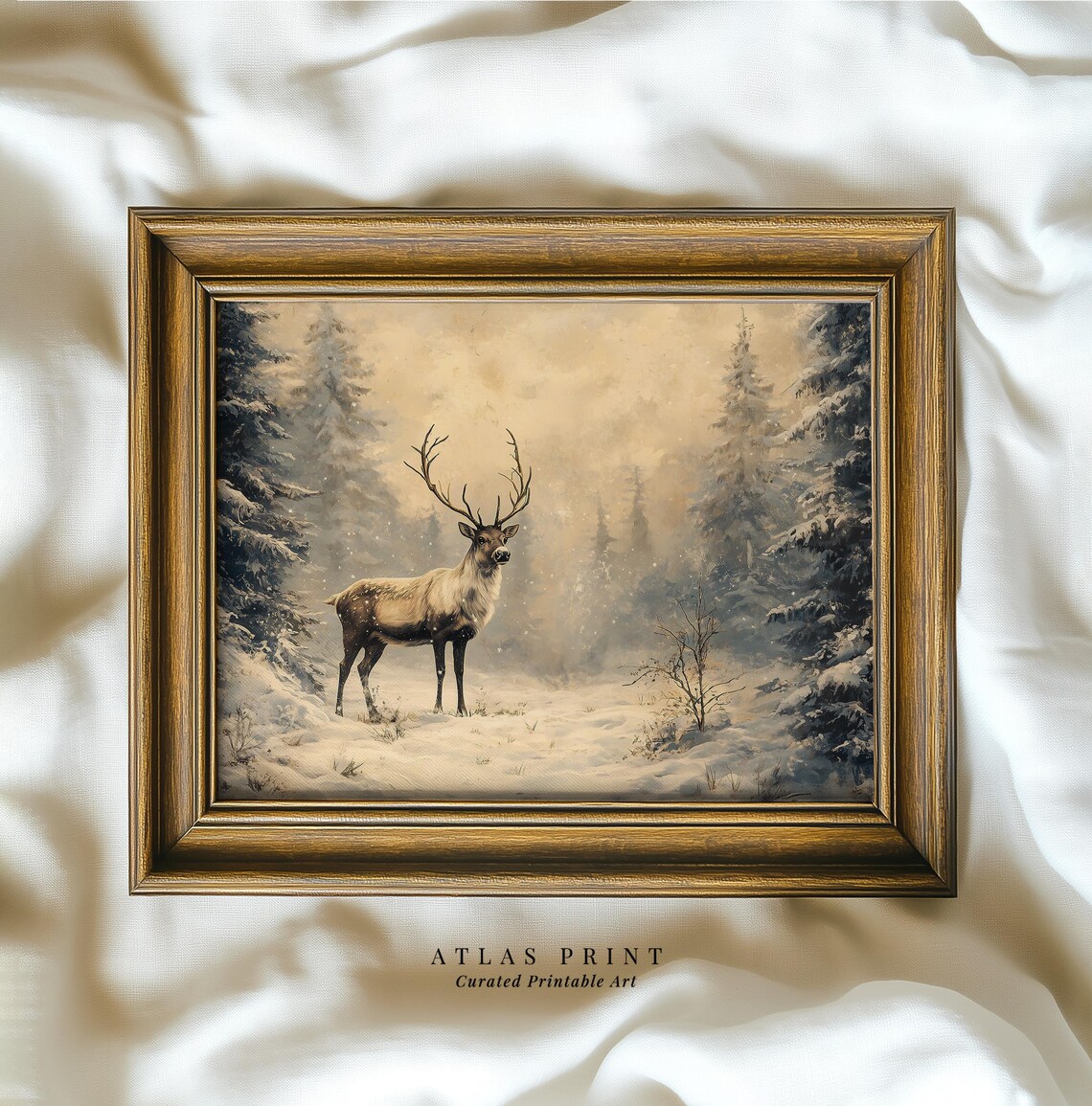 Vintage Reindeer Standing Snowy Pine Forest Winter Woodland Poster