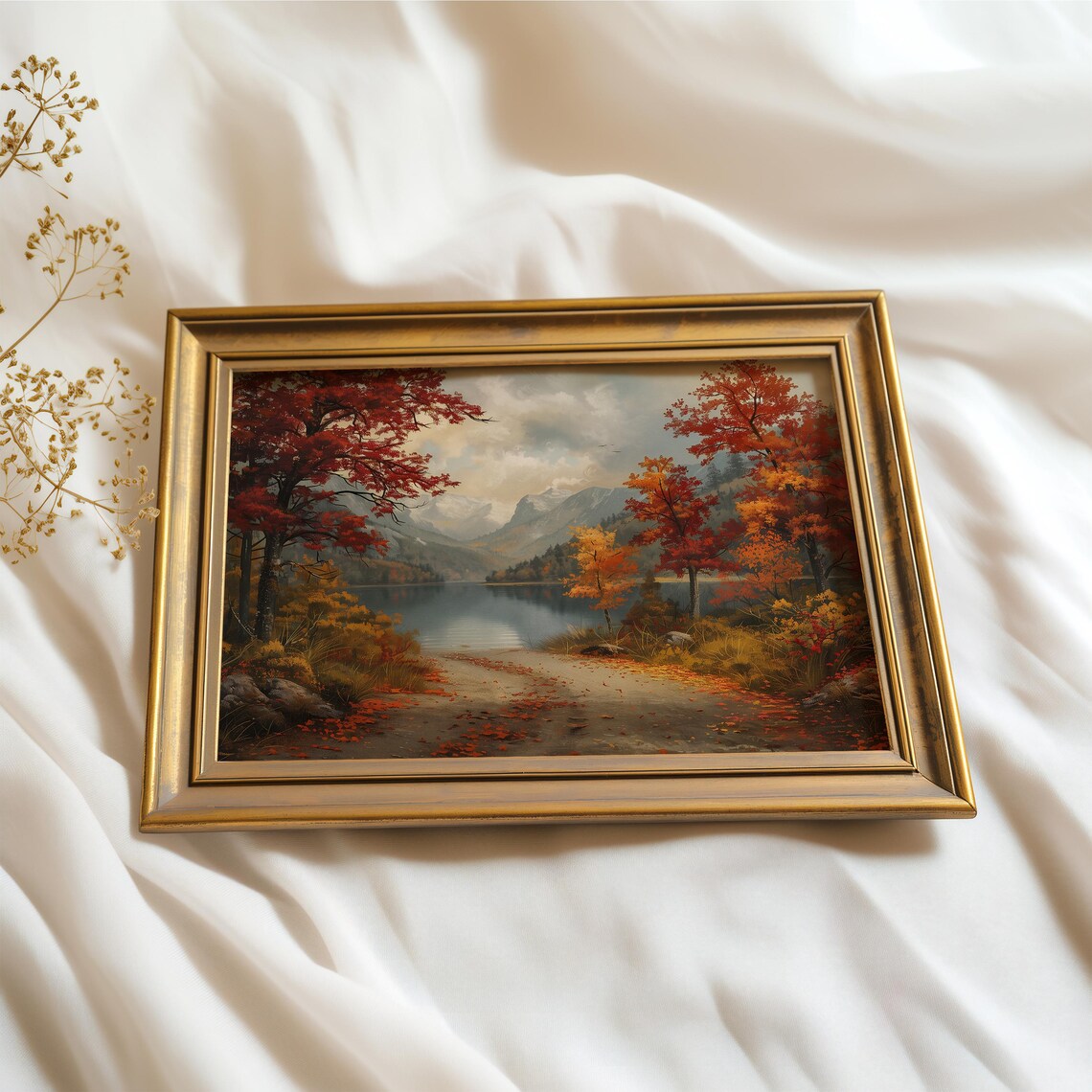 Vintage Autumn Lake Landscape Red Fall Trees Antique Oil Painting Poster - Image 3