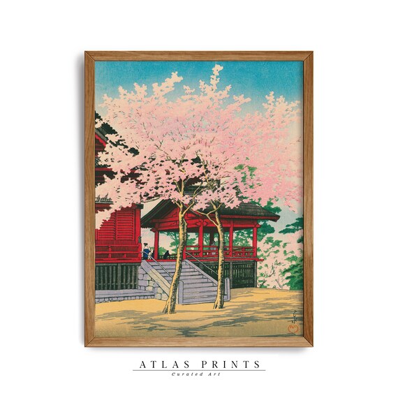 Japanese Woodblock Cherry Blossom Temple Spring Ukiyo E Art Poster