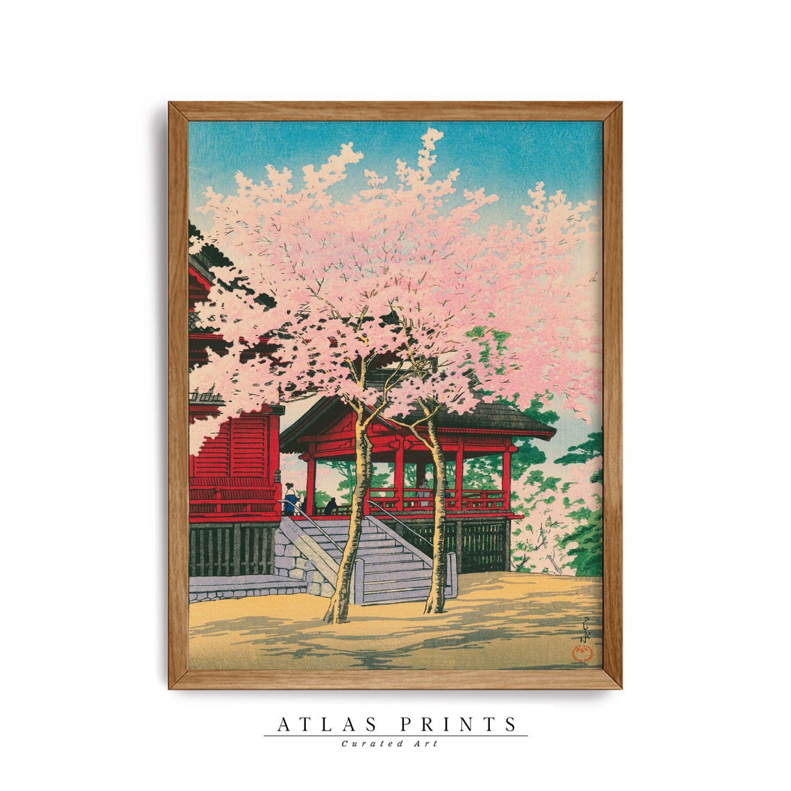 Japanese Woodblock Cherry Blossom Temple Spring Ukiyo E Art Poster