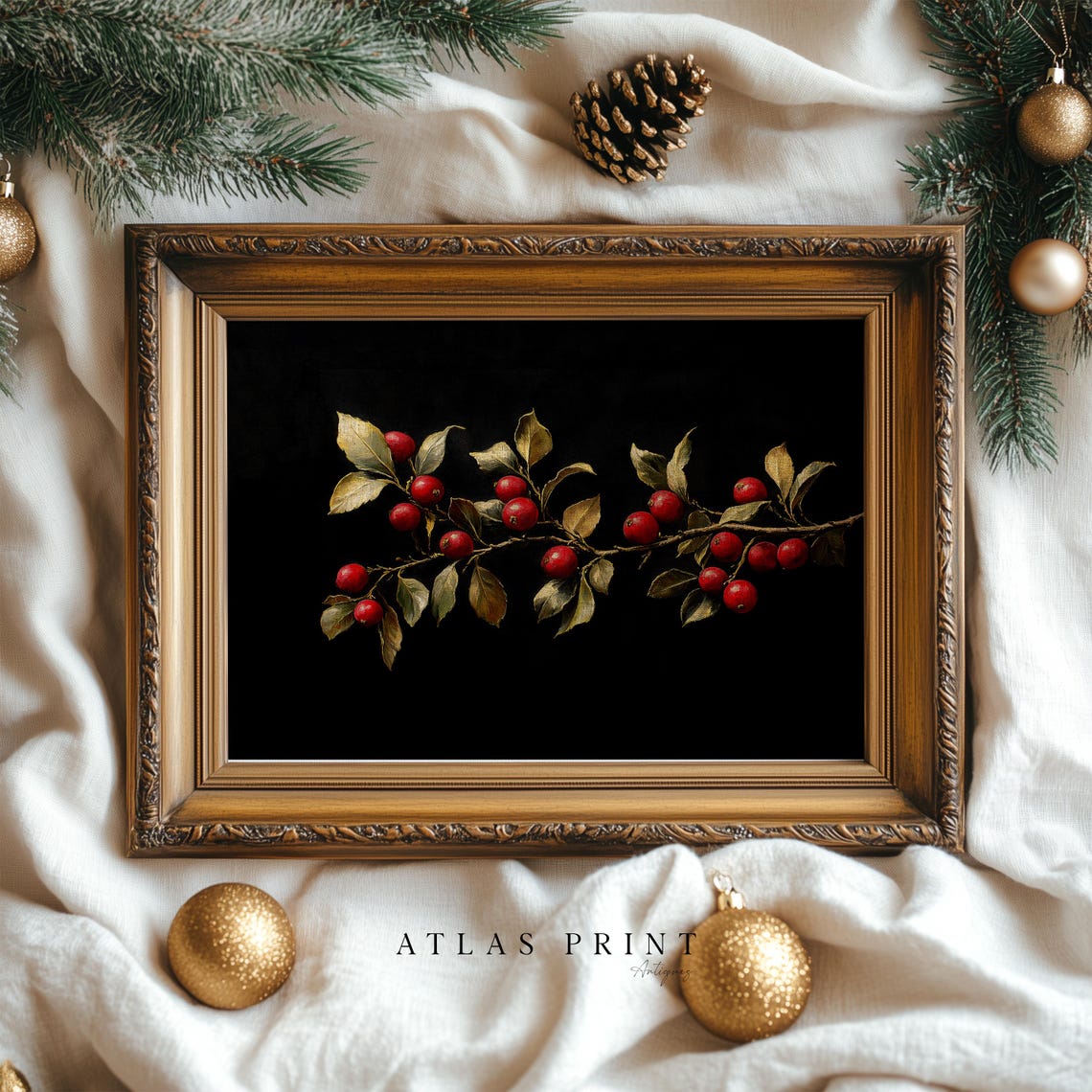 Red Winter Berries Branch On Black Vintage Botanical Wall Art - Image 5