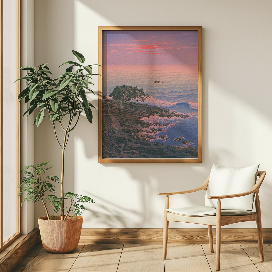 Kawase Hasui Rocky Shore Pink Sunset Japanese Woodblock Wall Art - Image 3