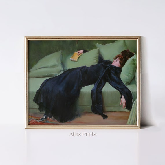 Moody Woman Portrait Print Antique Victorian Woman Painting Vintage Sage Green Dcor Victorian Wall Art