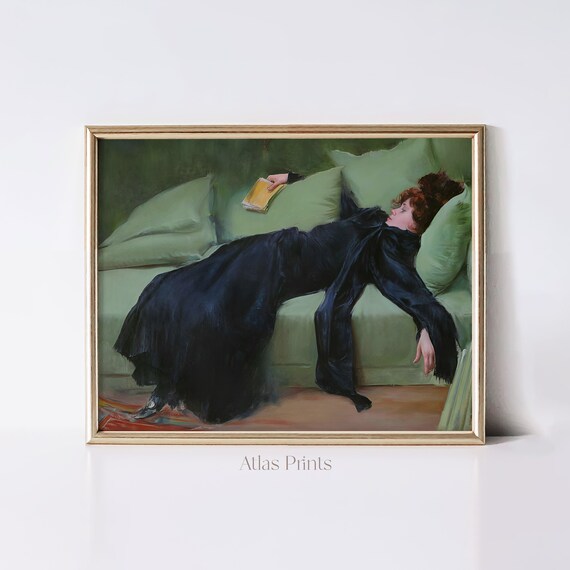 Moody Woman Reclining Vintage Oil Painting Dark Green Sofa Art Poster