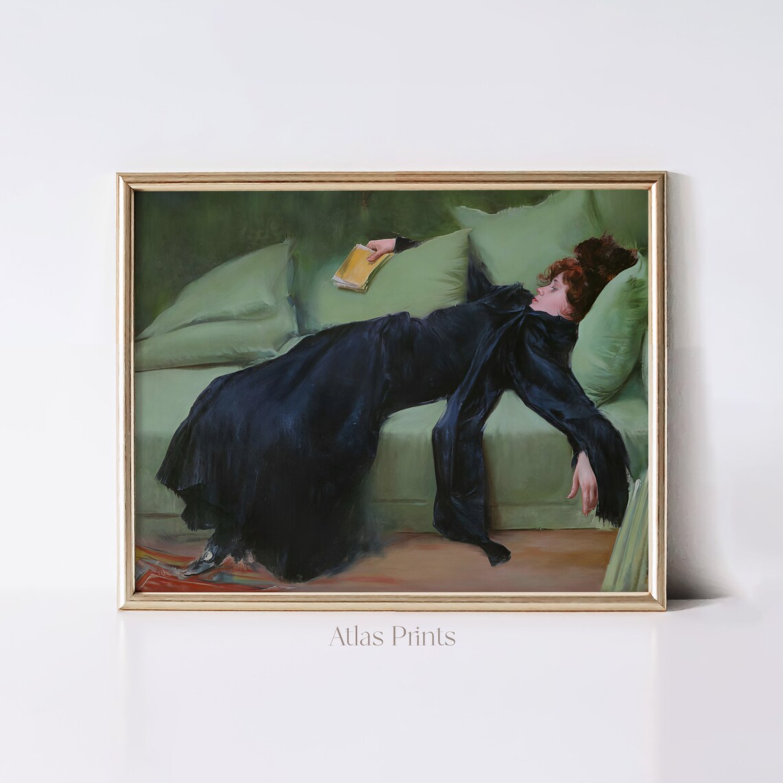 Moody Woman Reclining Vintage Oil Painting Dark Green Sofa Art Poster