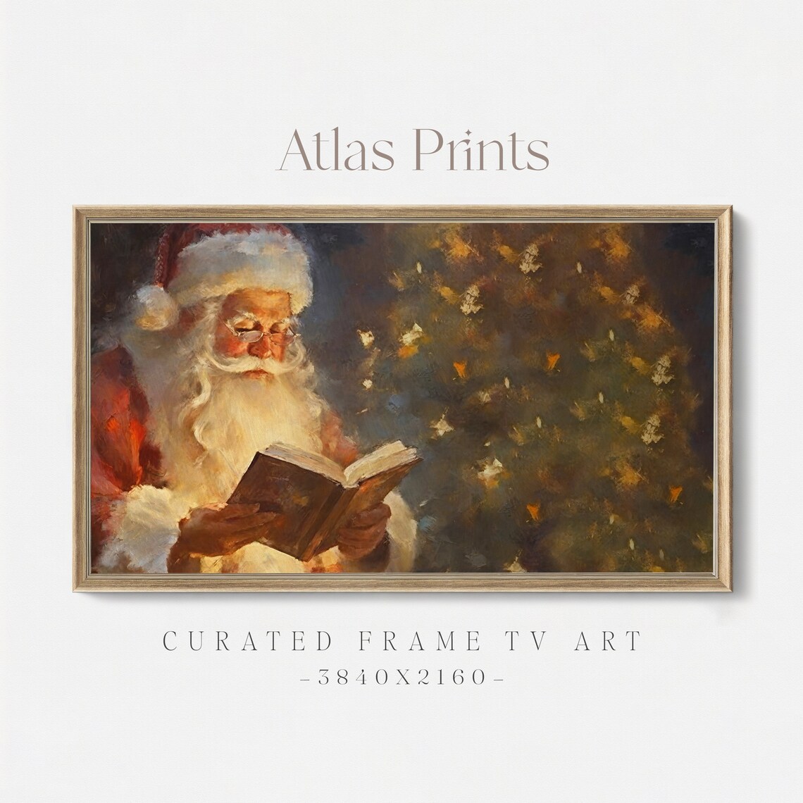 Vintage Santa Reading by Christmas Tree Frame TV Holiday Poster