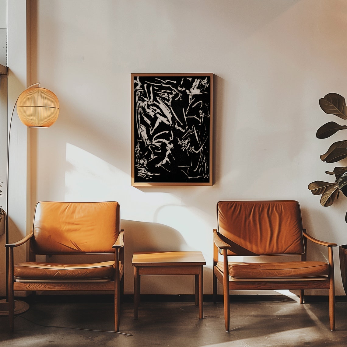 Black Abstract Gestural White Strokes Modern Minimalist Wall Art - Image 5