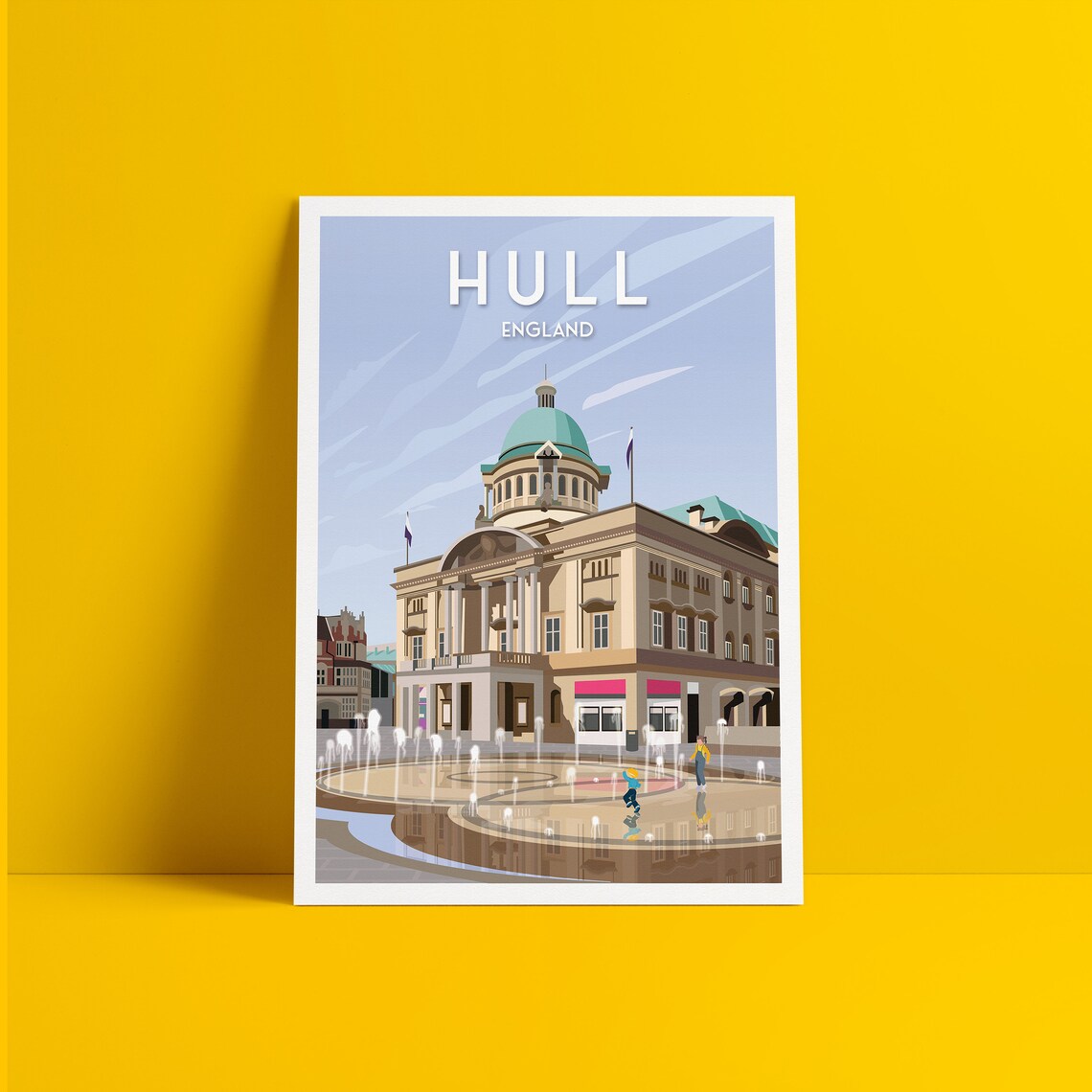 Hull England City Hall Green Dome Fountains Vintage Travel Poster