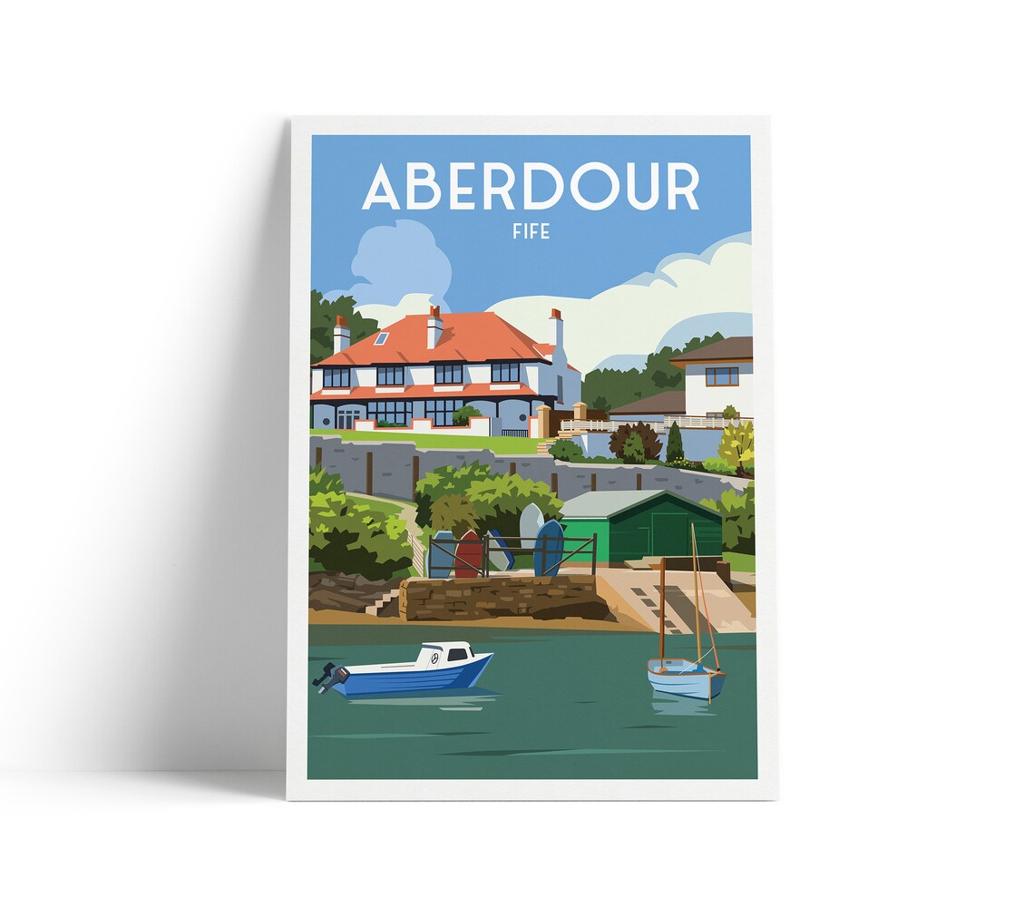 Aberdour Fife Harbour Boats Red Roof Cottage Scotland Travel Poster