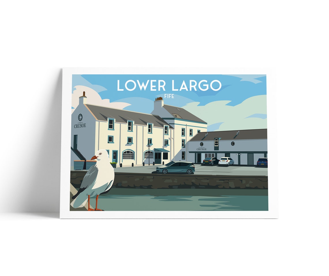 Lower Largo Fife Seagull Crusoe Hotel Harbor Scene Travel Poster