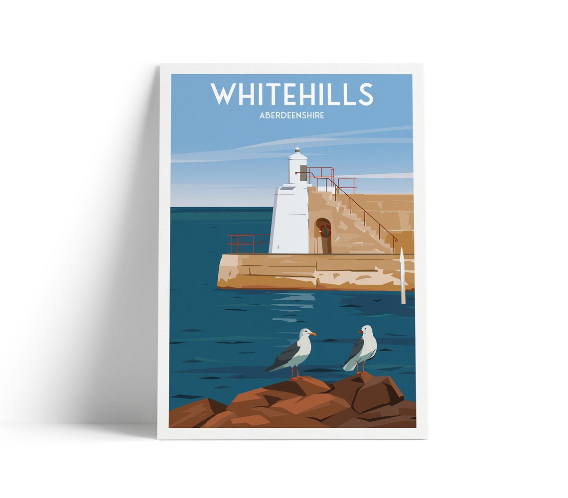 Whitehills Aberdeenshire Lighthouse Seagull Harbour Travel Poster