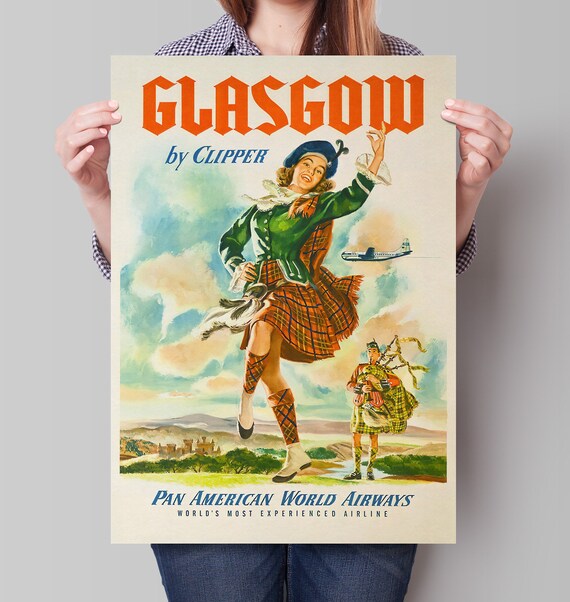 Glasgow Travel Poster By Clipper Vintage Scotland Print Highland Games Dancing Bagpiper