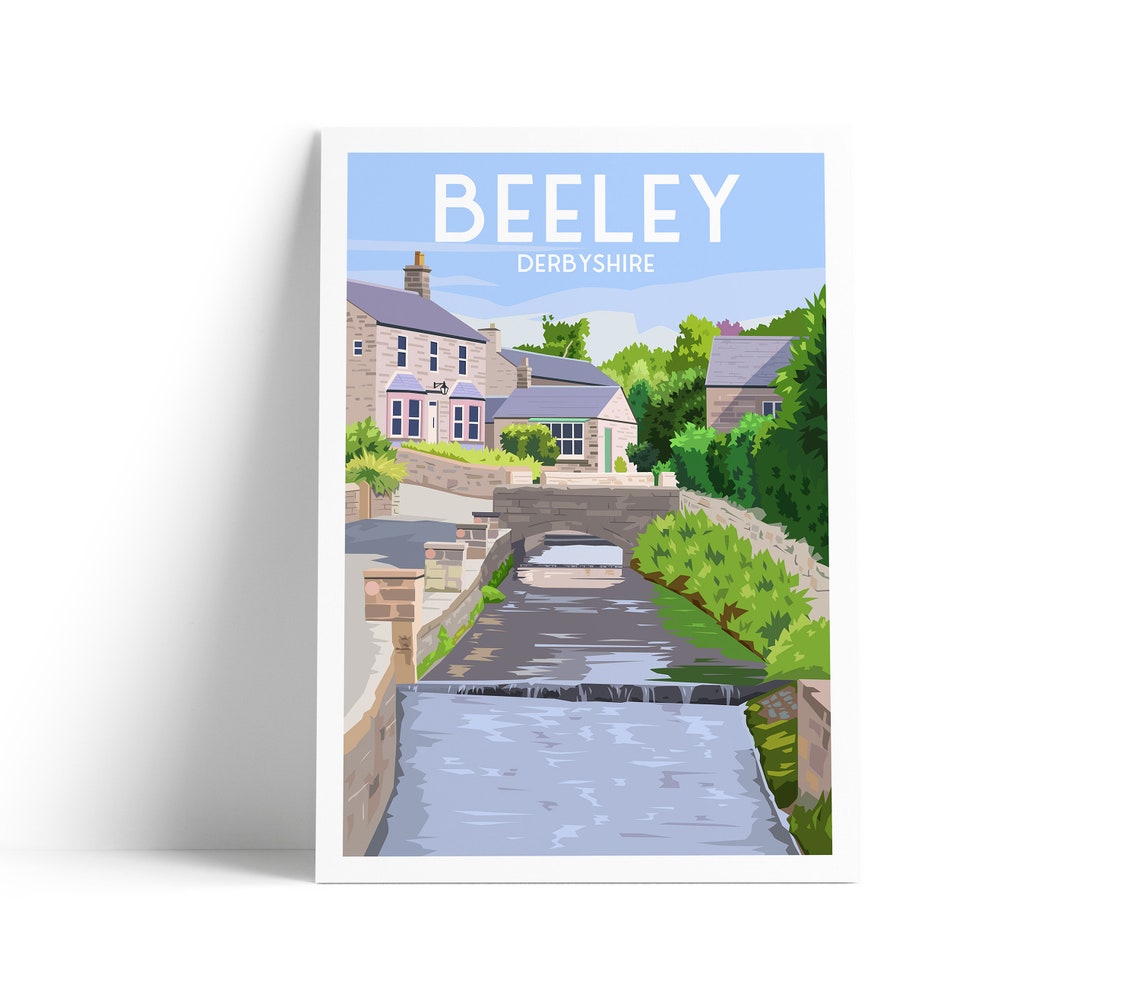 Beeley Derbyshire Stone Cottages Bridge Brook Retro Travel Poster