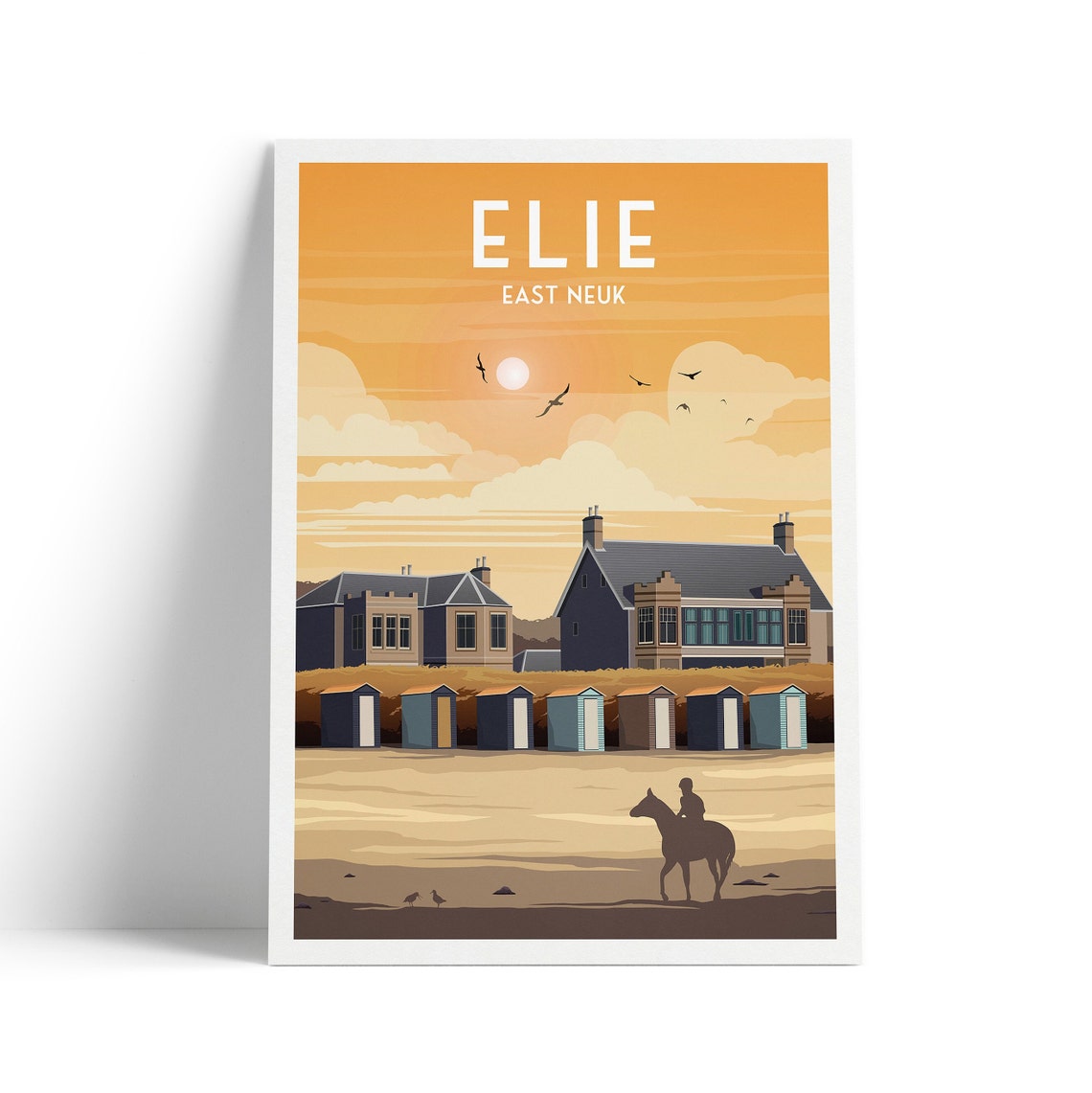Elie East Neuk Beach Huts Sunset Travel Poster Horse Rider Coastal Art