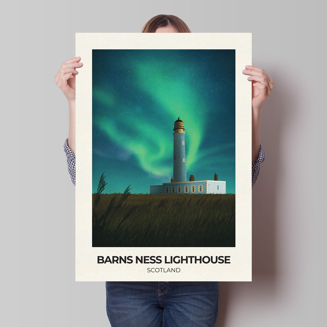 Barns Ness Lighthouse Northern Lights Poster Scotland Aurora Travel Art