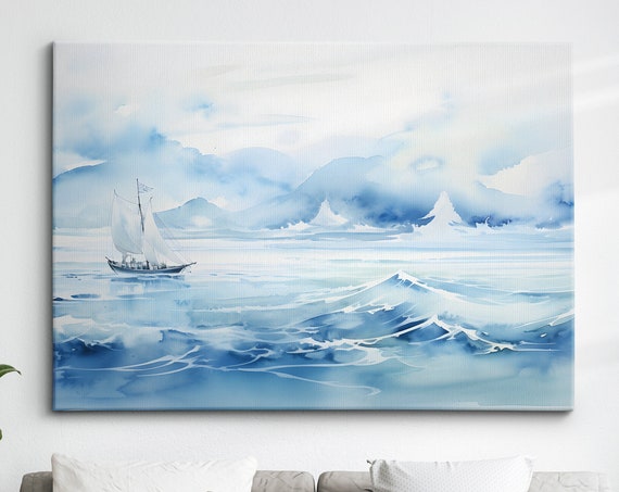 Vast Ocean Sea Landscape Abstract Watercolor Painting Style Wall Art Framed Canvas Poster Print Home Kitchen Living Room Decor Natural Gift