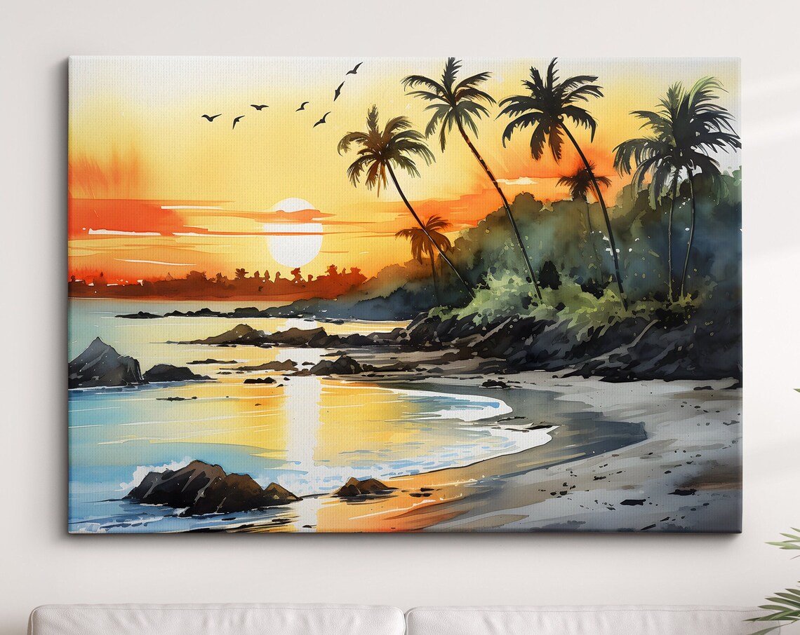 Tropical Sunset Beach Palm Trees Watercolor Landscape Poster