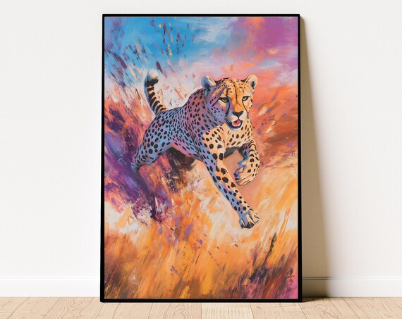 Dynamic Cheetah Sprinting Through Bold Colorful Safari Poster