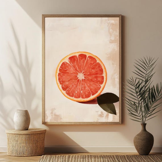 Grapefruit Slice Wall Art Minimalist Citrus Print Oil Painting Style Kitchen Decor Fruit Illustration