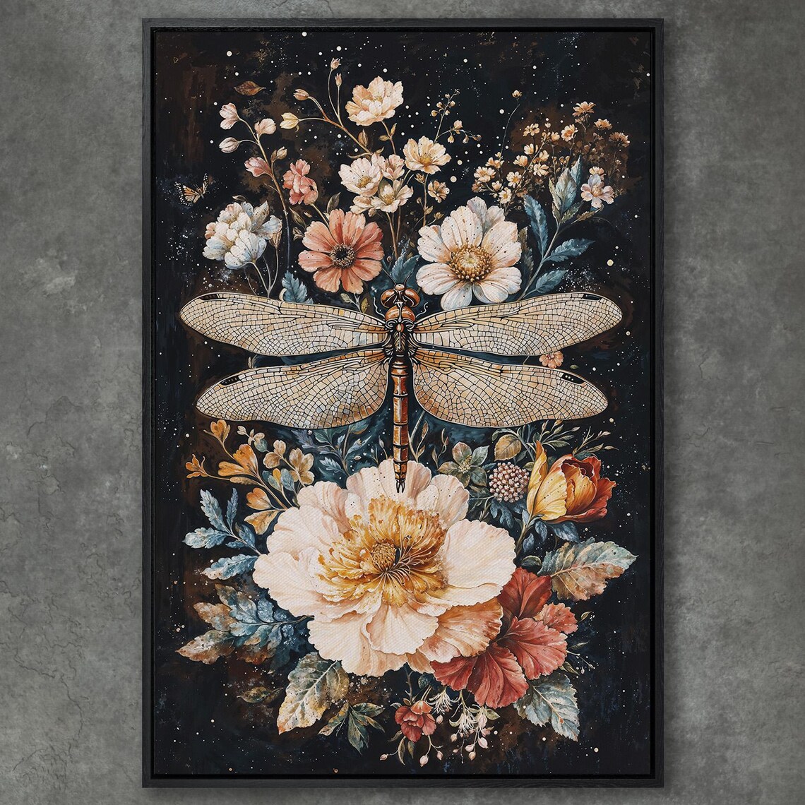 Dragonfly Above Giant Cream Peony On Starry Night Floral Poster
