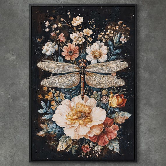 Dragonfly And Floral Fantasy Large Botanical Art Framed Print Elegant Flowers Wall Art Bedroom Decor Ready To Hang Gift Idea