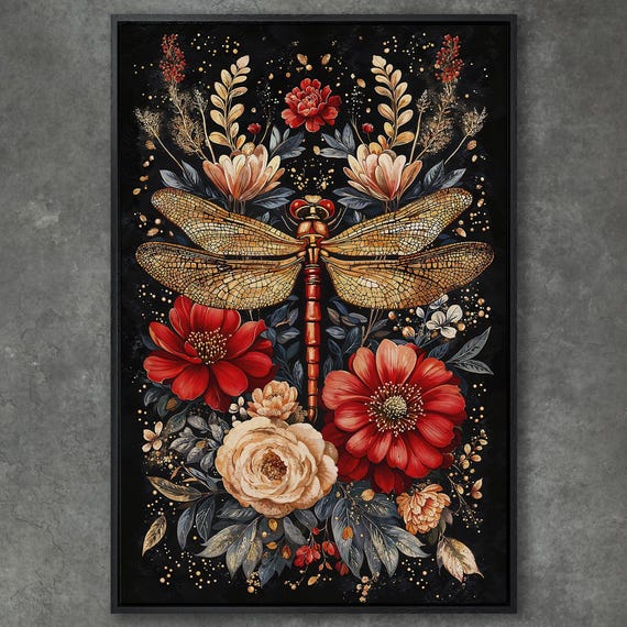 Vibrant Floral And Dragonfly Framed Canvas Print Large Botanical Wall Art Ready To Hang Living Room Decor Nature Artwork