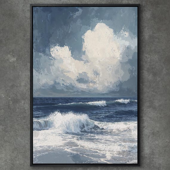 Ocean Waves And Clouds Seascape Painting Framed Print Large Wall Art Nautical Theme Decor Blue Sea Landscape Ready To Hang