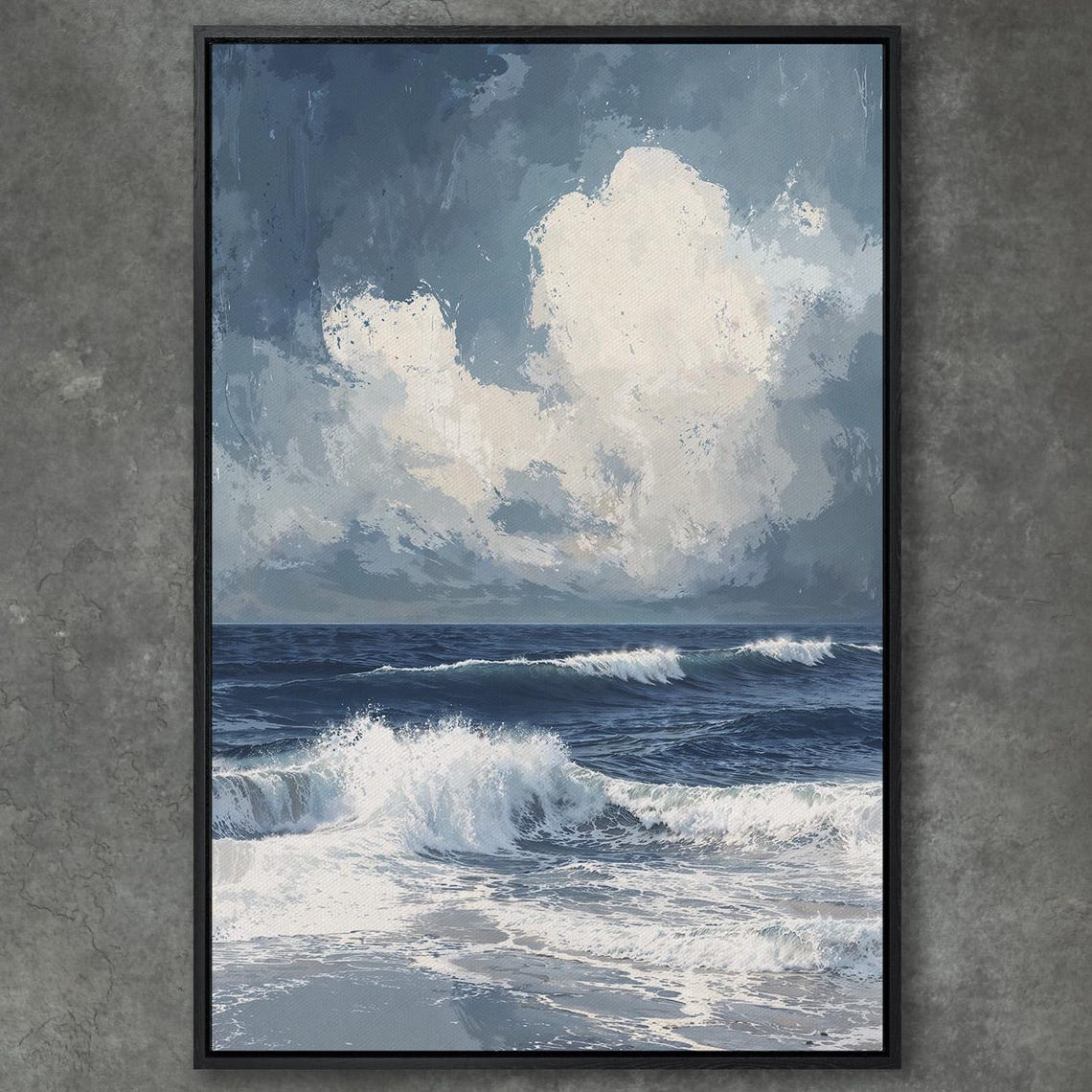 Deep Blue Ocean Waves Under Towering Dramatic Storm Clouds Poster