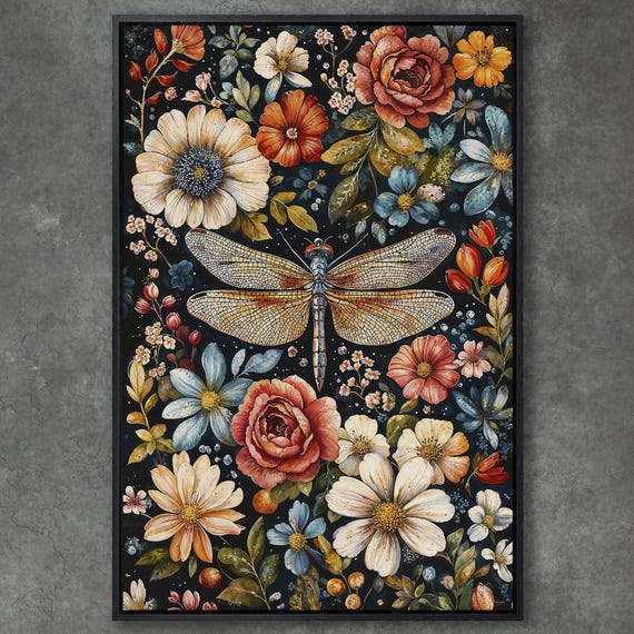 William Morris Dragonfly And Floral Art Framed Print Large Botanical Wall Art Colorful Flower Decor For Bedroom Ready To Hang