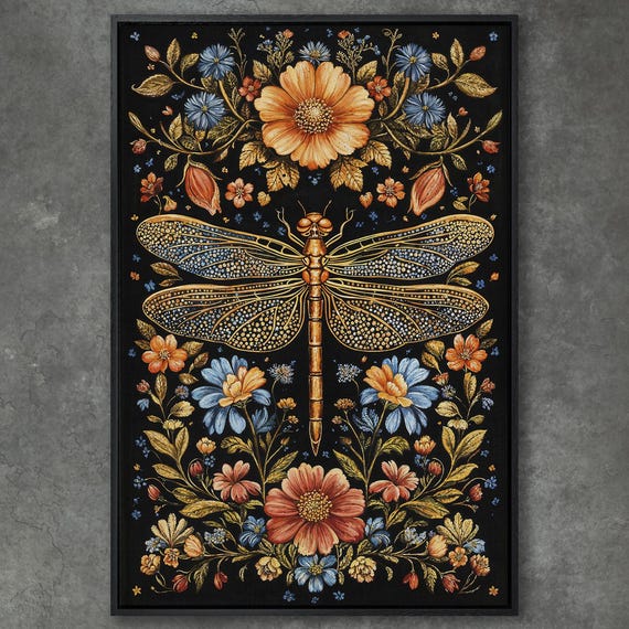 Vibrant Dragonfly And Floral Framed Print Large Wall Art Botanical Print Insect Art For Nature Lovers Ready To Hang Gift For Her