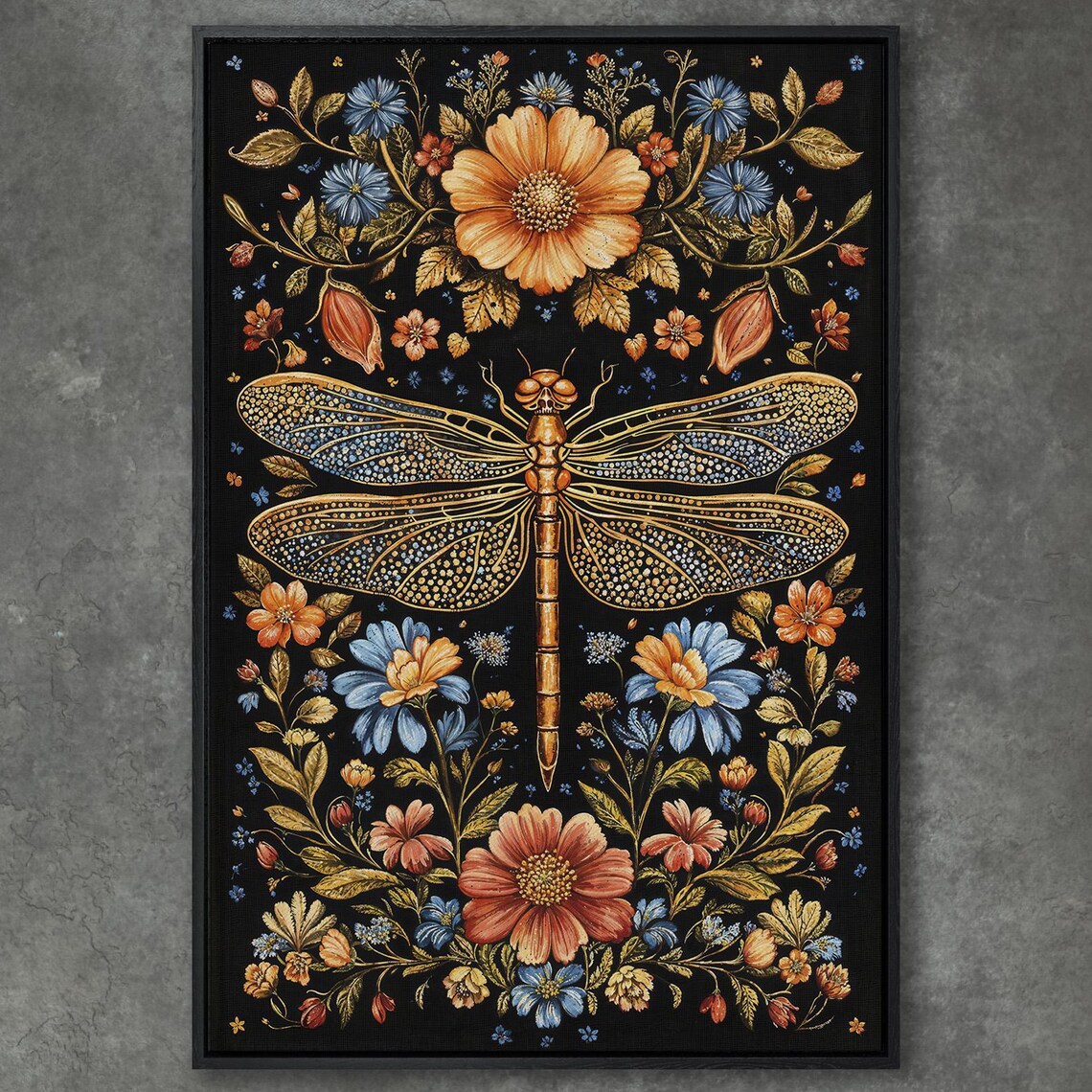 Golden Ornate Dragonfly With Symmetrical Floral Botanical Poster