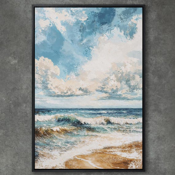 Tranquil Beach Scene Framed Print Ocean Shore Art Coastal Nautical Decor Ready To Hang Large Wall Art Gift Idea For Her