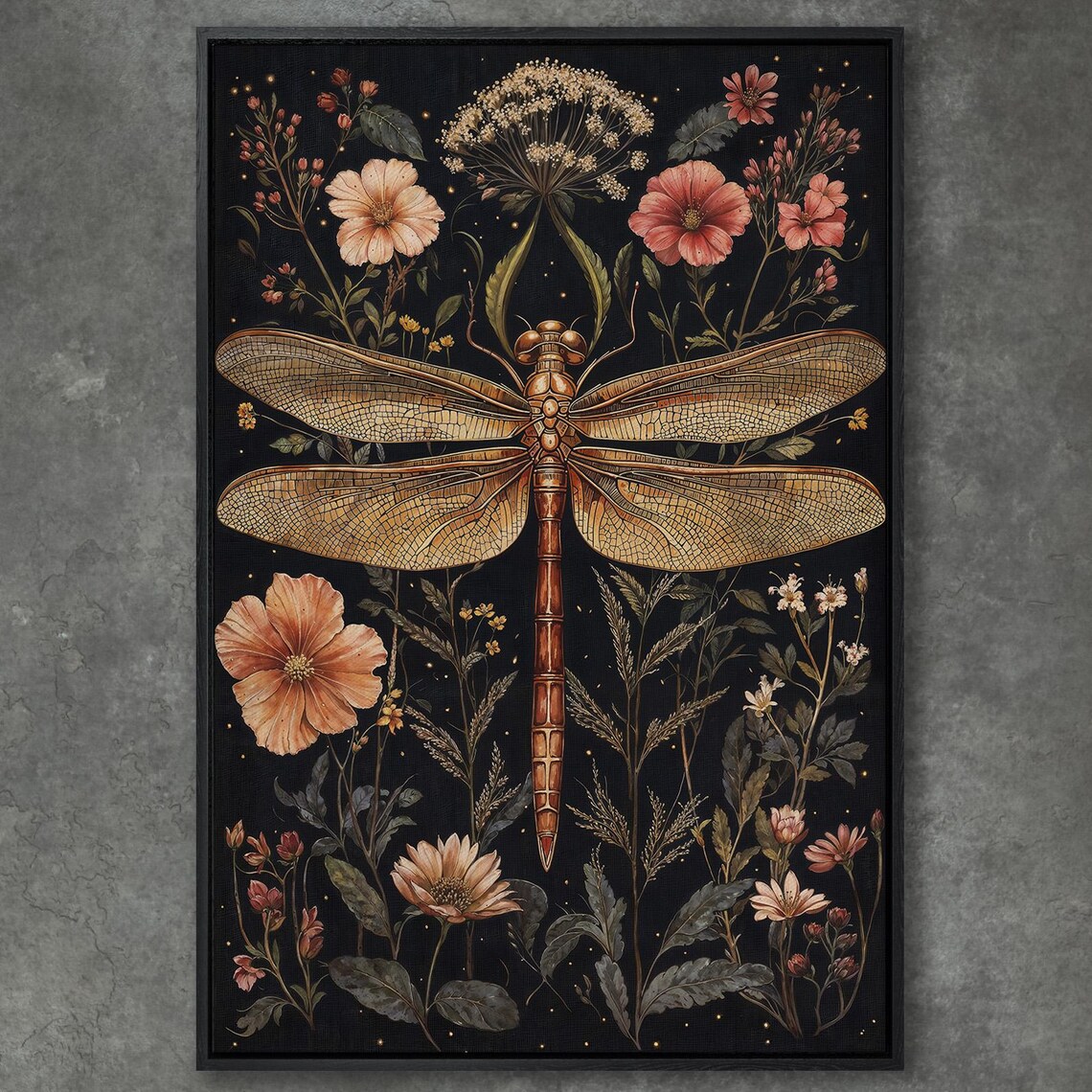 Copper Dragonfly With Soft Pink Cosmos Flowers on Black Poster